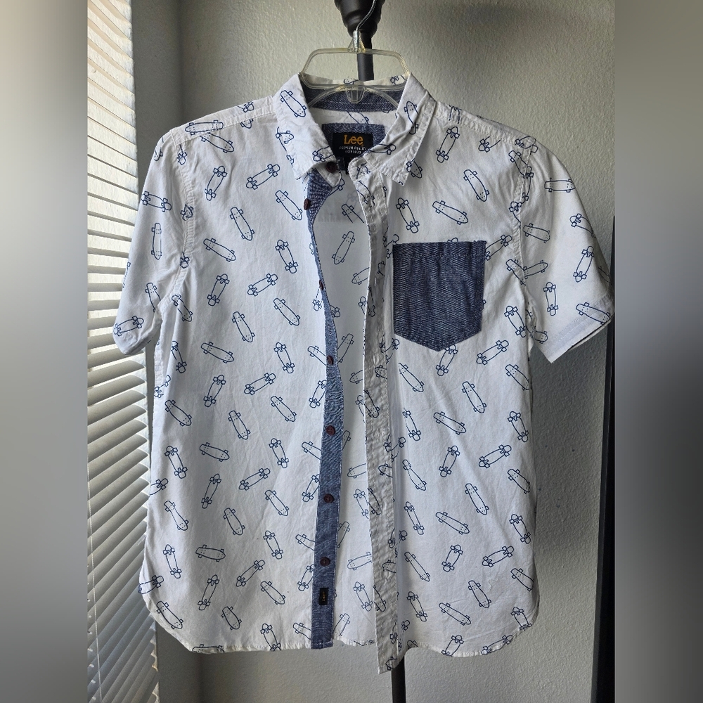 Lee Premium Quality Kid's White and Blue Patterned Shirt